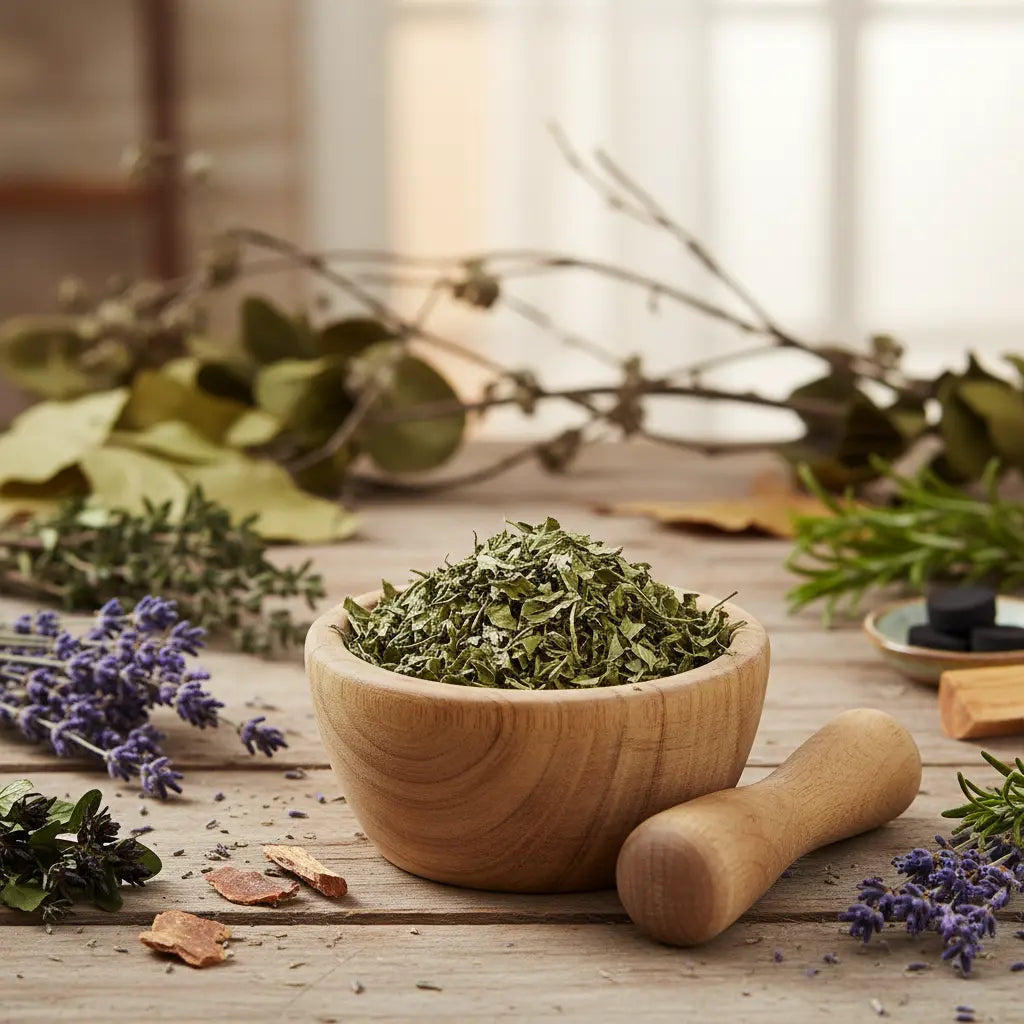 Feuilles de menthe séchées dans un mortier en bois, entourées de lavande et d’herbes aromatiques sur une table.