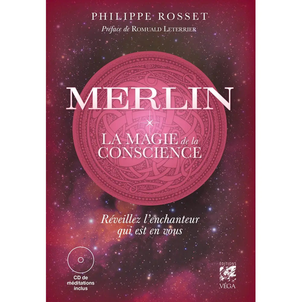 Couverture du livre « Merlin – La magie de la conscience » : fond étoilé rose/violet avec un grand motif celtique circulaire, titre en grandes lettres blanches et mention « CD de méditations inclus ».