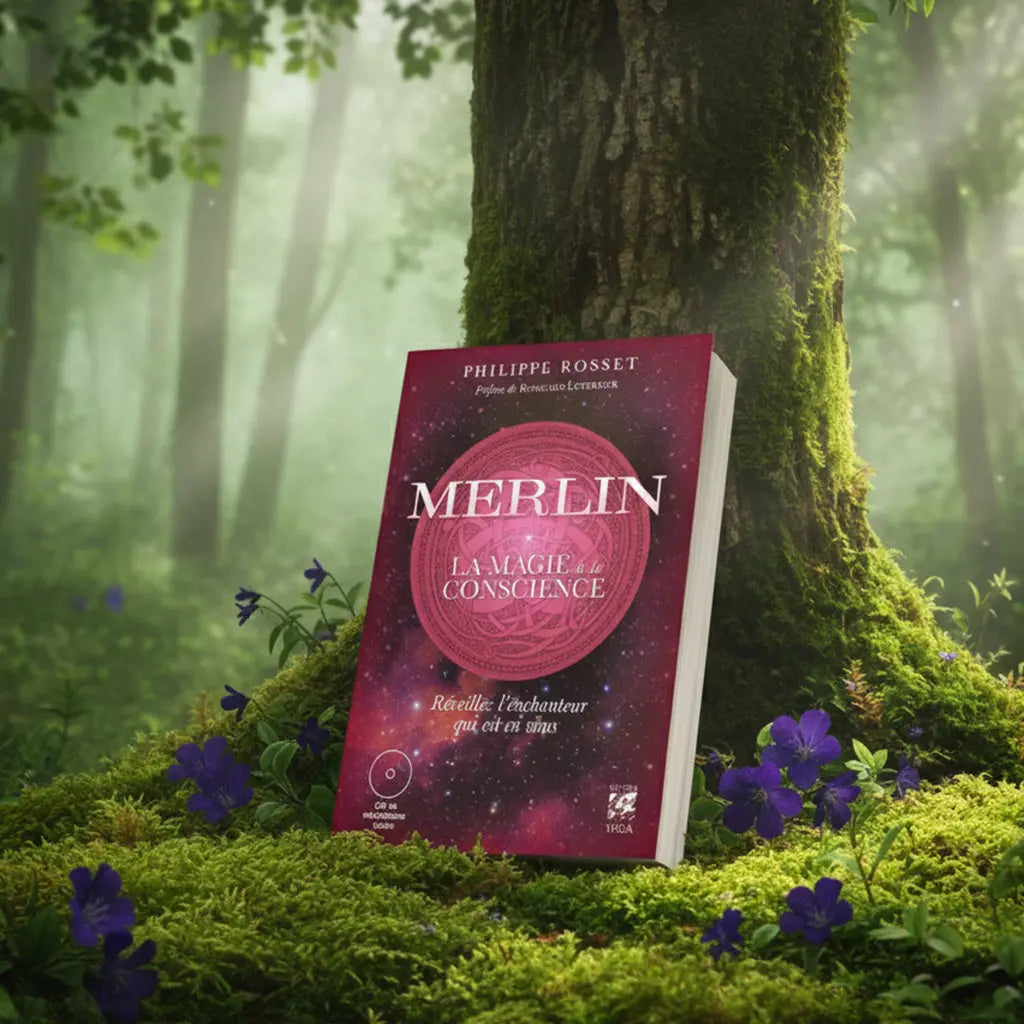 Livre à la couverture cosmique rouge Merlin, la Magie de la Conscience de Philippe Rosset posé sur une souche, orné d'un entrelacs celtique.
