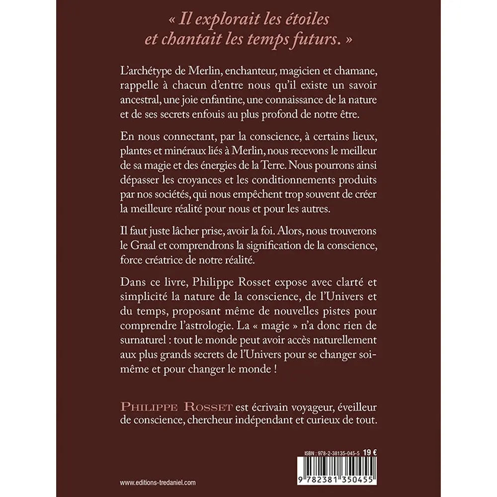 Quatrième de couverture du livre « Merlin – La magie de la conscience » : texte de présentation sur fond marron, citation en haut, biographie de l’auteur en bas et code-barres.