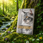 Livre Les Merveilleux Pouvoirs des Chats - Ellen Dugan sur mousse sacrée au pied d'un arbre, entouré de fleurs violettes sous des rayons de soleil magiques.