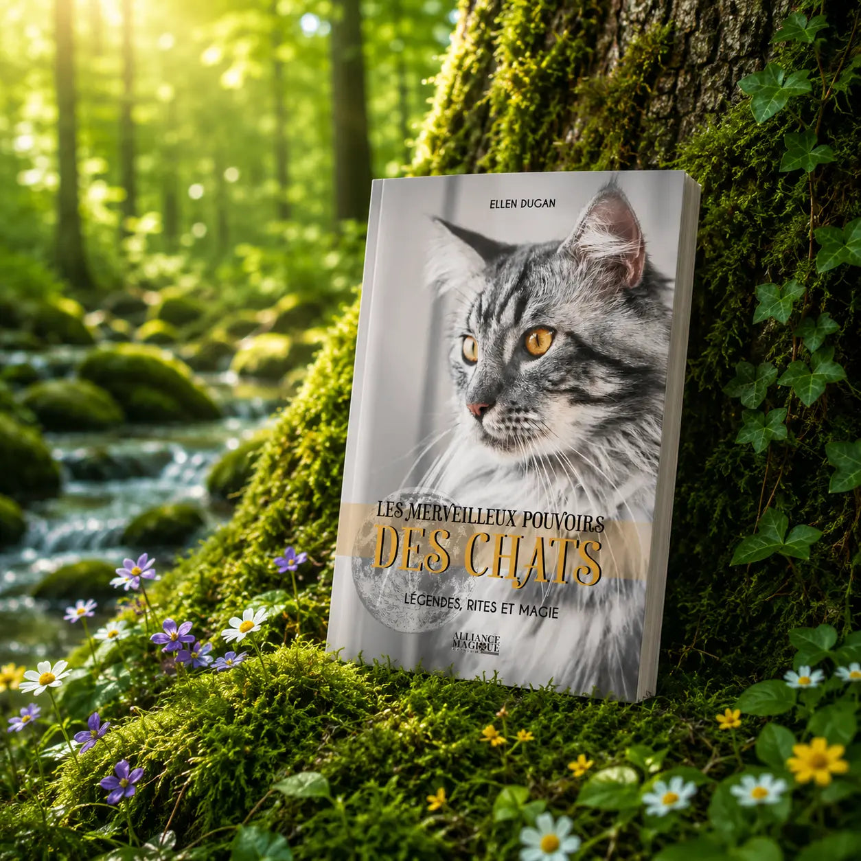 Livre Les Merveilleux Pouvoirs des Chats - Ellen Dugan sur mousse sacrée au pied d'un arbre, entouré de fleurs violettes sous des rayons de soleil magiques.