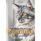 Les Merveilleux Pouvoirs des Chats de Ellen Dugan, sa couverture mettant en avant le portrait d'un chat à poils longs aux yeux ambrés éclatants, surmonté en partie basse d'un graphisme de pleine lune grise et du titre aux accents dorés.