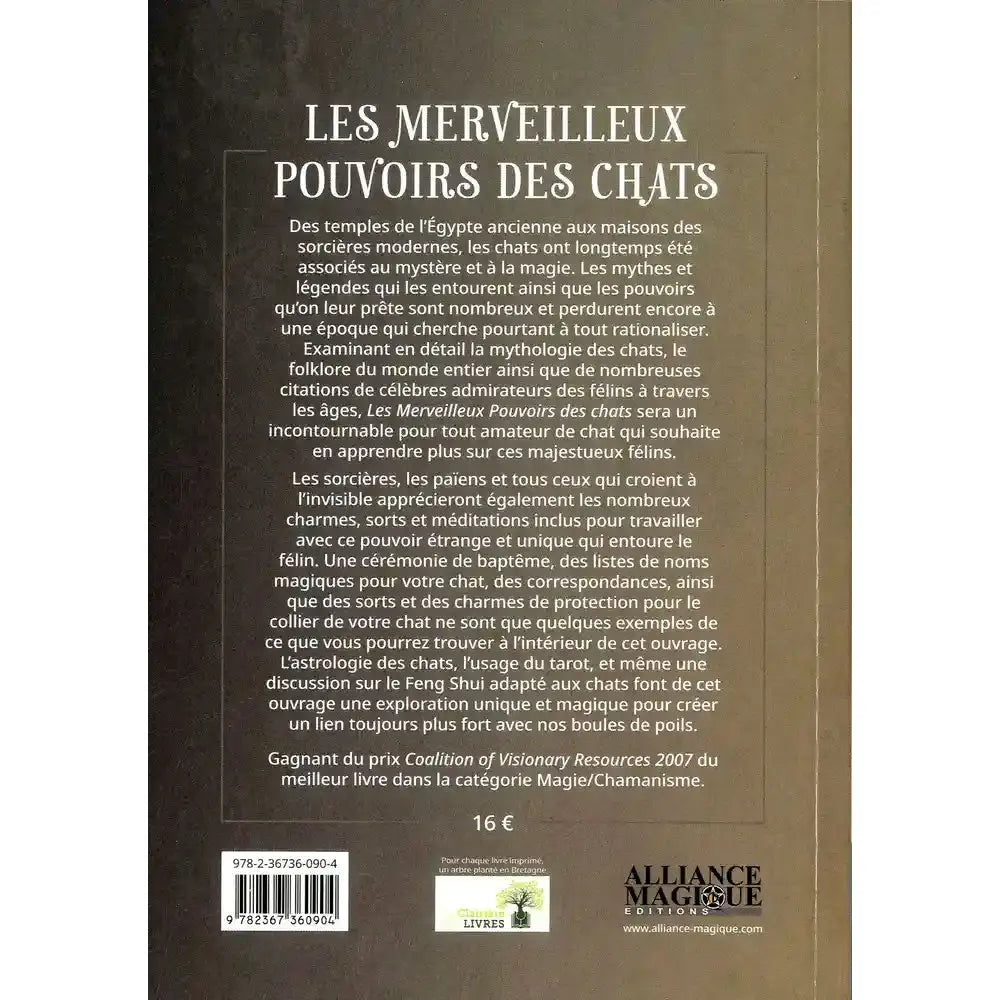 Les Merveilleux Pouvoirs des Chats de Ellen Dugan, sa quatrième de couverture présentant le résumé complet de l'ouvrage sur l'histoire mystique des félins, sur un fond sombre texturé aux nuances de gris et de brun terreux.