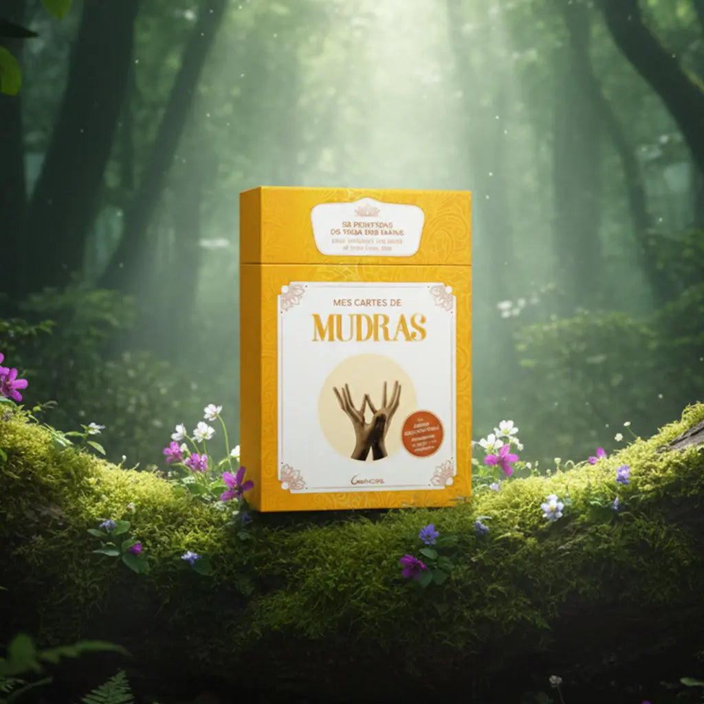 Coffret jaune et or Mes Cartes de Mudras de Ariane Péclard-Sahli posé sur une souche, illustré de mains formant une mudra sacrée.