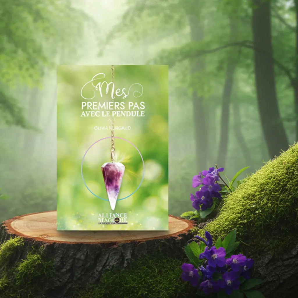 Livre vert nature Mes Premiers Pas avec le Pendule d'Olivia Burgaud posé sur une souche, illustré d'un pendule en améthyste.