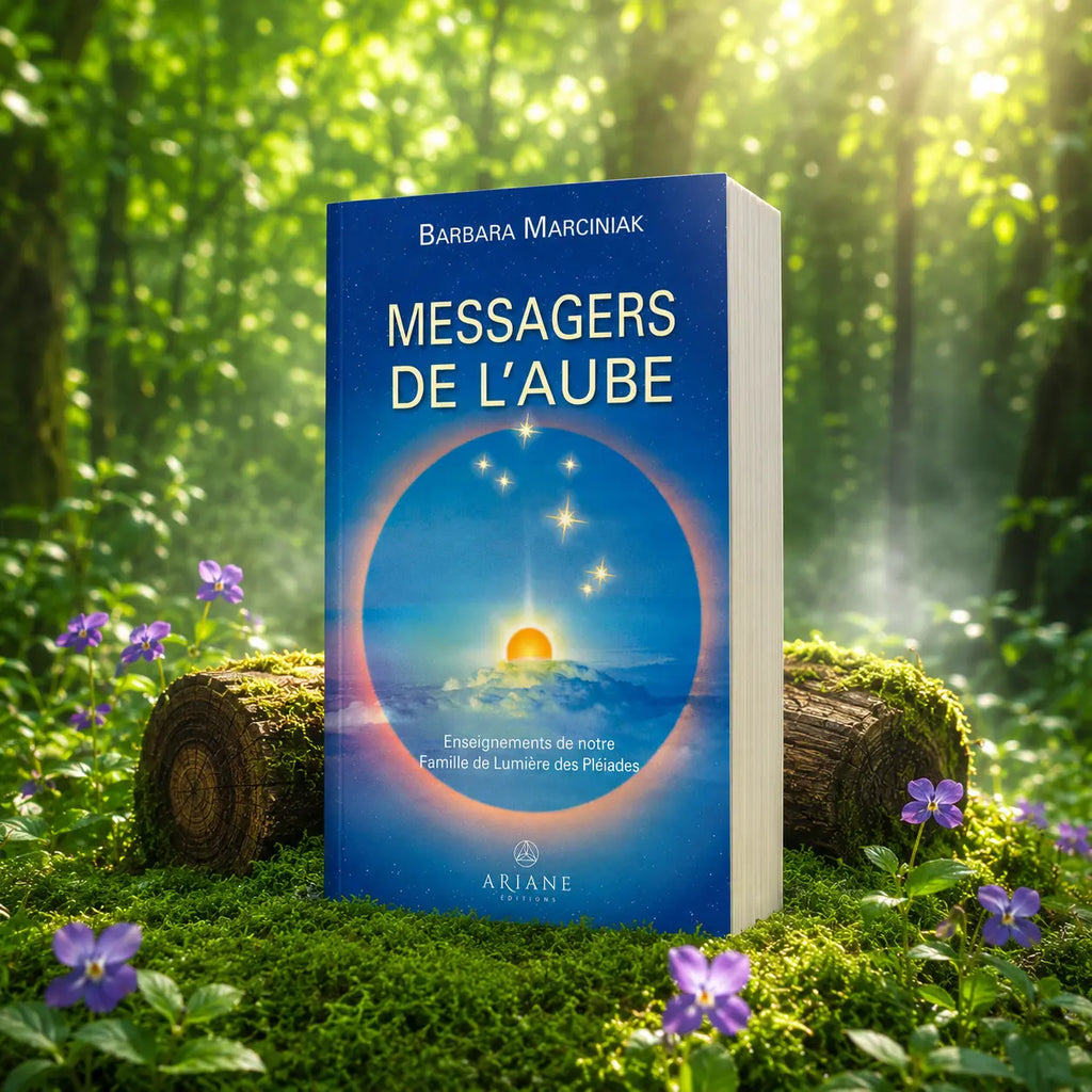 Livre Les Messagers de l'Aube - Barbara Marciniak sur mousse sacrée au pied d'un arbre, entouré de fleurs violettes sous des rayons de soleil magiques.