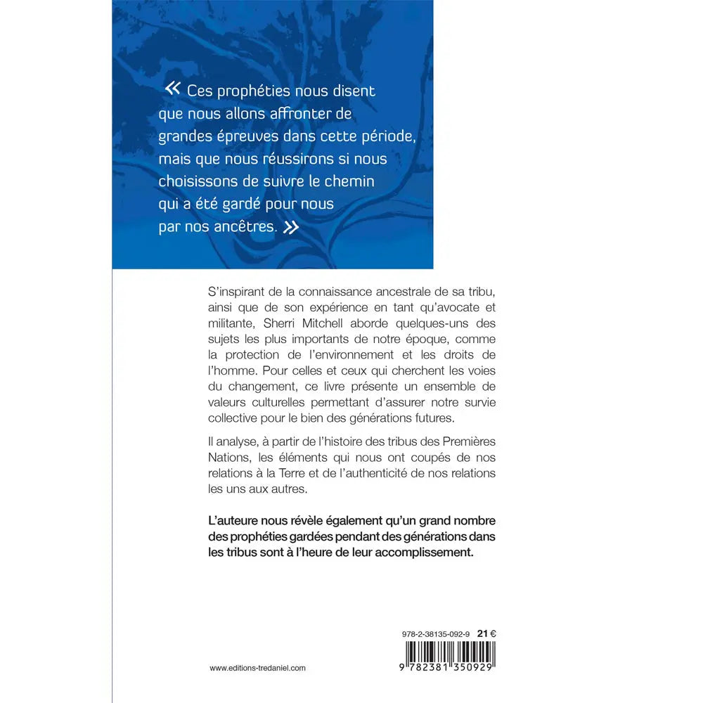 Quatrième de couverture du livre « Messages sacrés de la sagesse amérindienne », avec un encadré bleu contenant une citation et un texte de présentation au-dessus du code-barres.