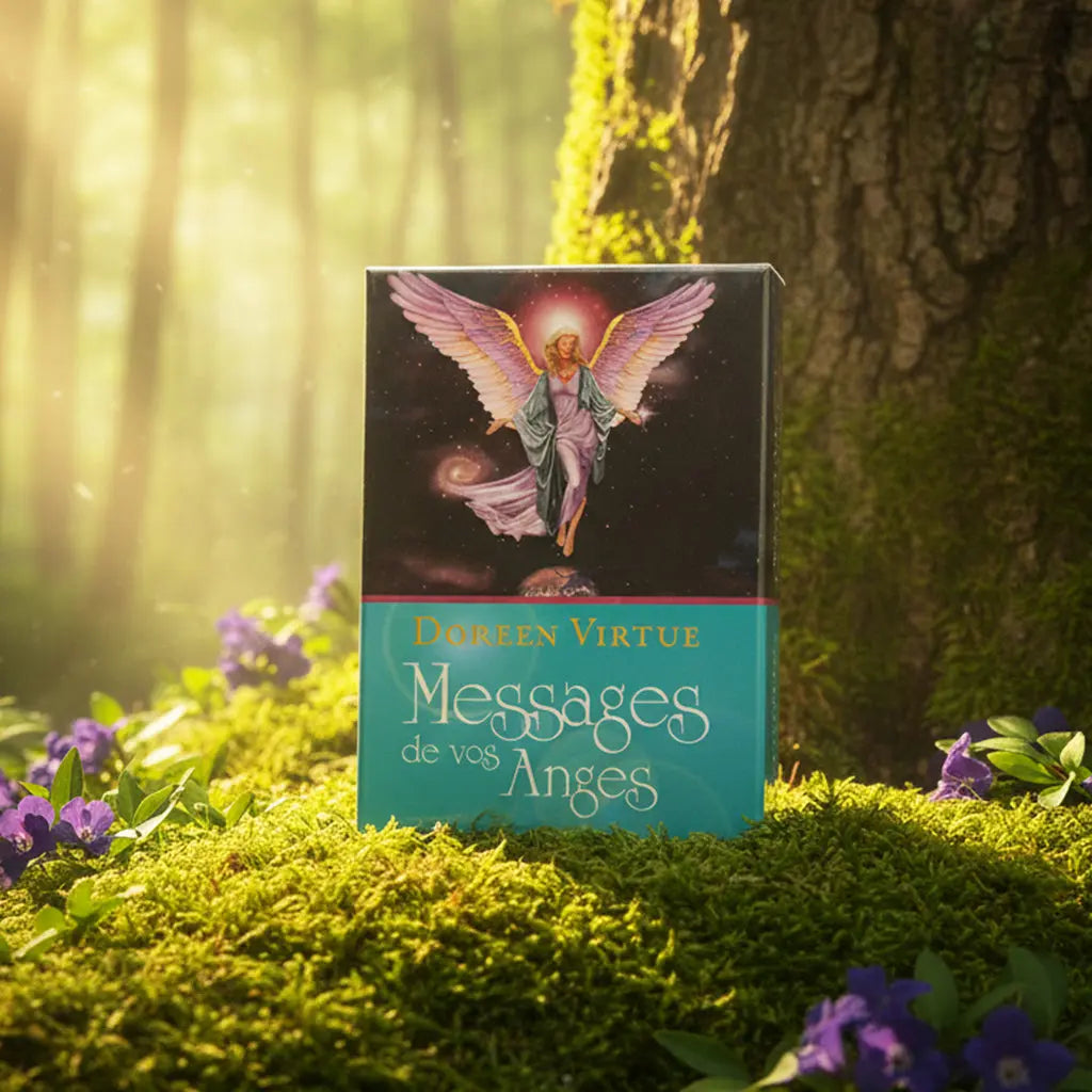 Coffret Cartes de Méditation - Messages de vos Anges de Doreen Virtue posé sur une souche, illustré d'un ange aux ailes roses sur fond étoilé avec une bande verte.