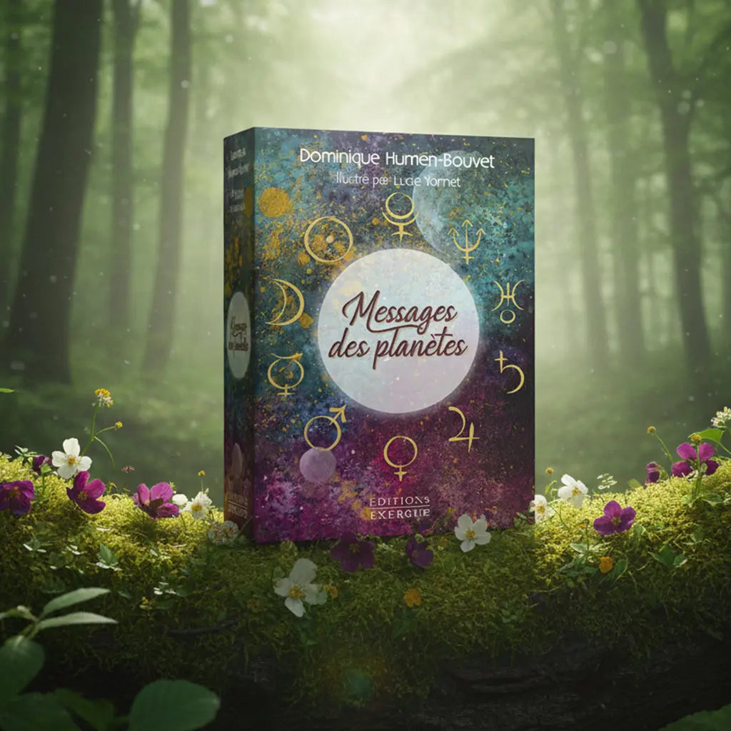 Coffret cosmique Messages des Planètes de Dominique Humen-Bouvet posé sur une souche, illustré des symboles planétaires dorés sur fond de nébuleuse par Lucie Yonnet.