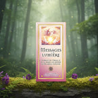 Coffret rose et or Cartes de méditation - Messages Lumière de Mario Duguay posé sur une souche, illustré d'un visage rayonnant tenant une sphère de lumière entre ses mains.