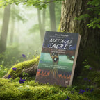 Livre Messages Sacrés de la Sagesse Amérindienne de Sherri Mitchell posé sur une souche, illustré d'un arbre mystique avec un œil et des silhouettes tribales.