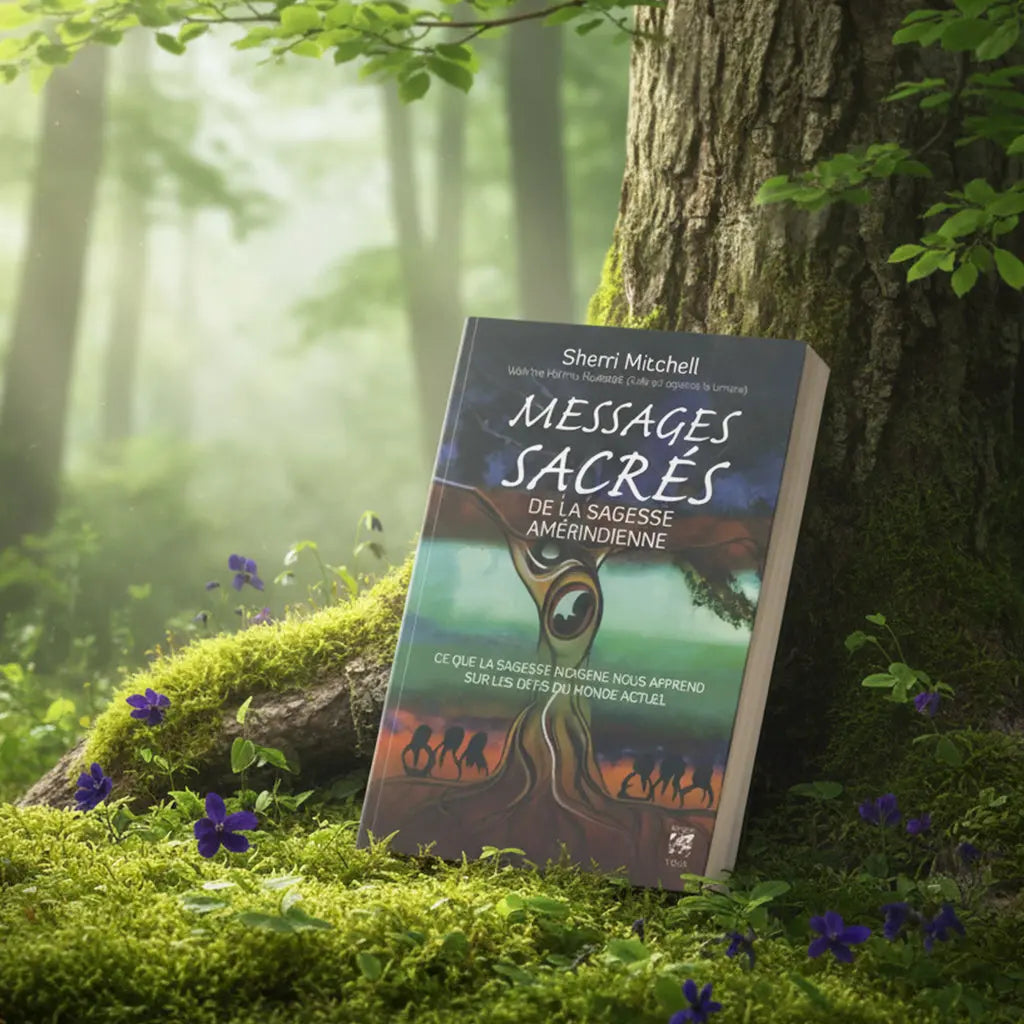 Livre Messages Sacrés de la Sagesse Amérindienne de Sherri Mitchell posé sur une souche, illustré d'un arbre mystique avec un œil et des silhouettes tribales.