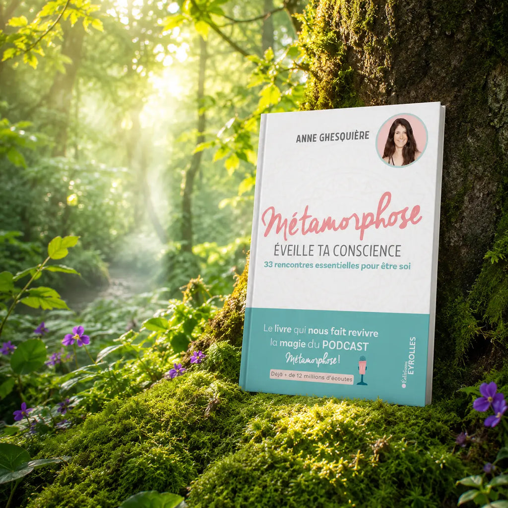 Livre Métamorphose, éveille ta conscience ! - Anne Ghesquière sur mousse sacrée au pied d'un arbre, entouré de fleurs violettes sous des rayons de soleil magiques.