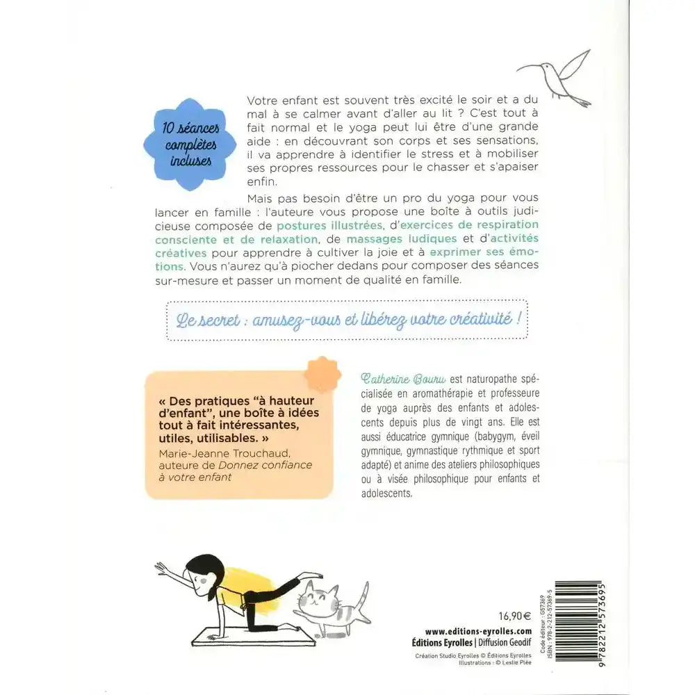 Mon cours de yoga en famille de Catherine Bouru, sa quatrième de couverture blanche présentant le résumé du livre avec une illustration d'un enfant et d'un chat faisant du yoga.