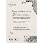 Mon journal de lectures païennes, sa quatrième de couverture de style parchemin présentant le résumé de cet outil d'apprentissage spirituel, ornée d'un dessin à l'encre noire représentant un hérisson et un tronc d'arbre.