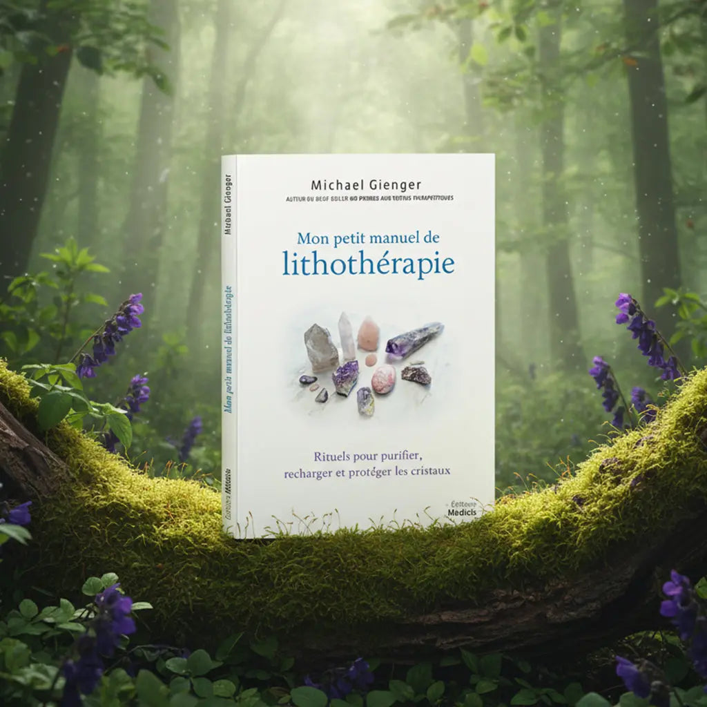 Livre clair Mon Petit Manuel de Lithothérapie de Michael Gienger posé sur une branche moussue, illustré d'un rassemblement de cristaux bruts et polis.