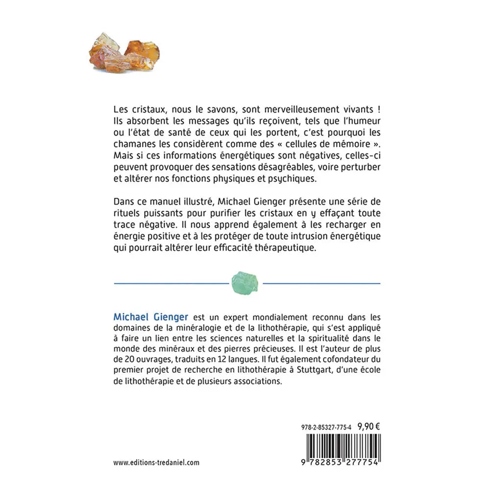 Le dos du livre "Mon petit manuel de lithothérapie", présentant un résumé sur les propriétés énergétiques des cristaux, une biographie de l'auteur Michael Gienger et le code-barres sur fond blanc.