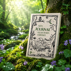 Livre Mon Journal de Lectures Païennes - Collectif sur mousse sacrée au pied d'un arbre, entouré de fleurs violettes sous des rayons de soleil magiques.
