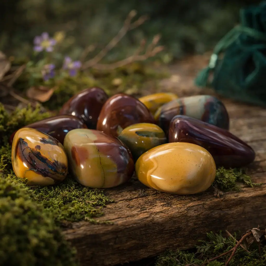 Pierres de Mookaite polies aux nuances de rouge bordeaux, ocre et jaune moutarde, disposées sur un bois moussue avec un pochon vert en arrière-plan.