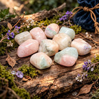 Pierres roulées de Morganite aux nuances pastel rose, bleuté et vert d'eau, disposées sur un tronc de bois ancien parmi des fleurs de lavande et une bourse en velours bleu.
