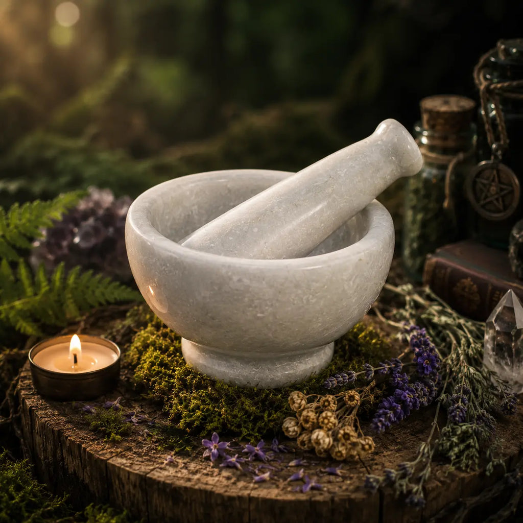 Mortier et son Pilon en Marbre Blanc poli d'une clarté lumineuse, posé sur une souche forestière moussue à côté d'une bougie et de plantes de lavande.