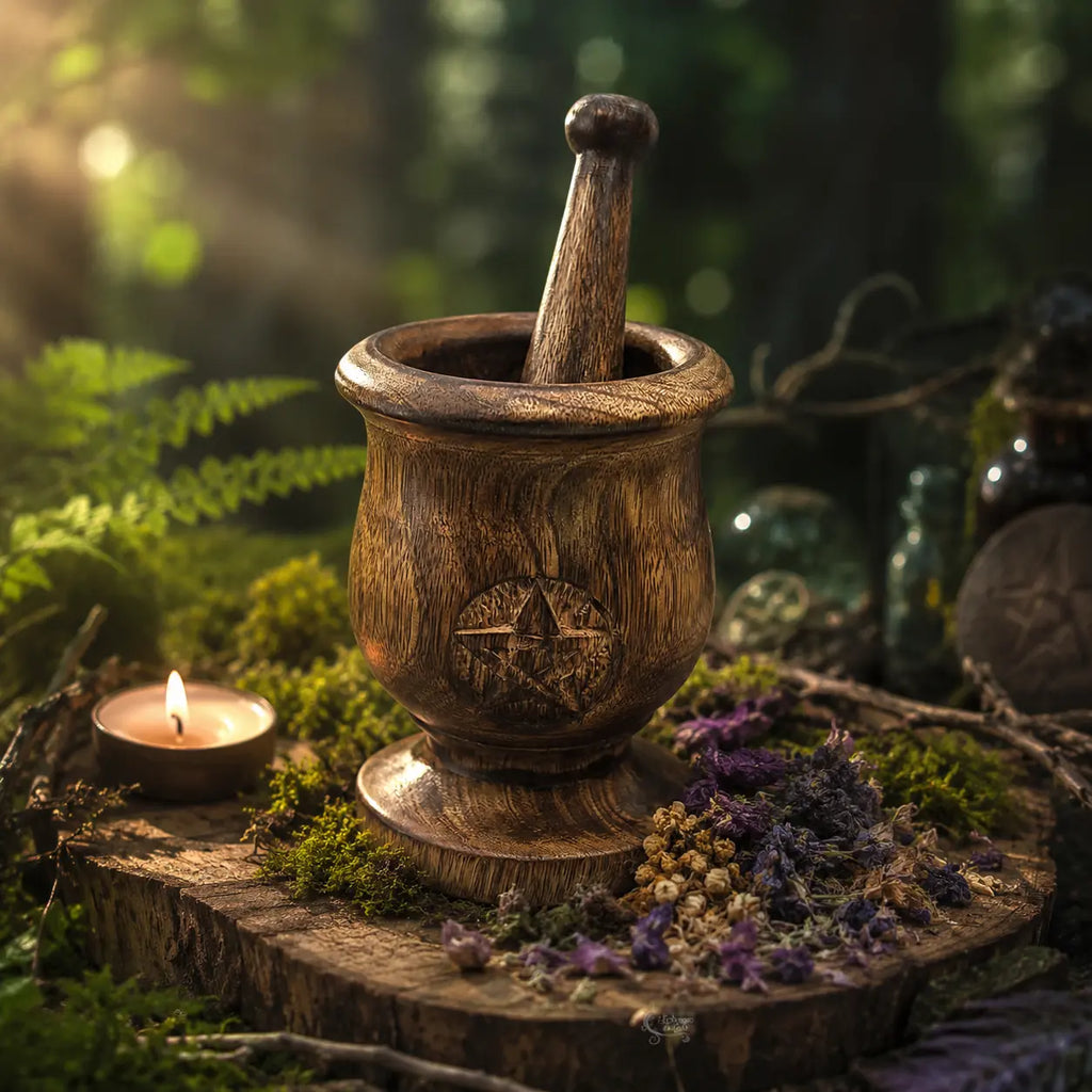 Mortier en Bois de manguier sculpté d'un pentagramme avec son pilon, posé sur une souche moussue à côté de plantes séchées et d'une bougie allumée.