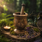 Mortier en Bois de manguier sculpté d'un pentagramme avec son pilon, posé sur une souche moussue à côté de plantes séchées et d'une bougie allumée.