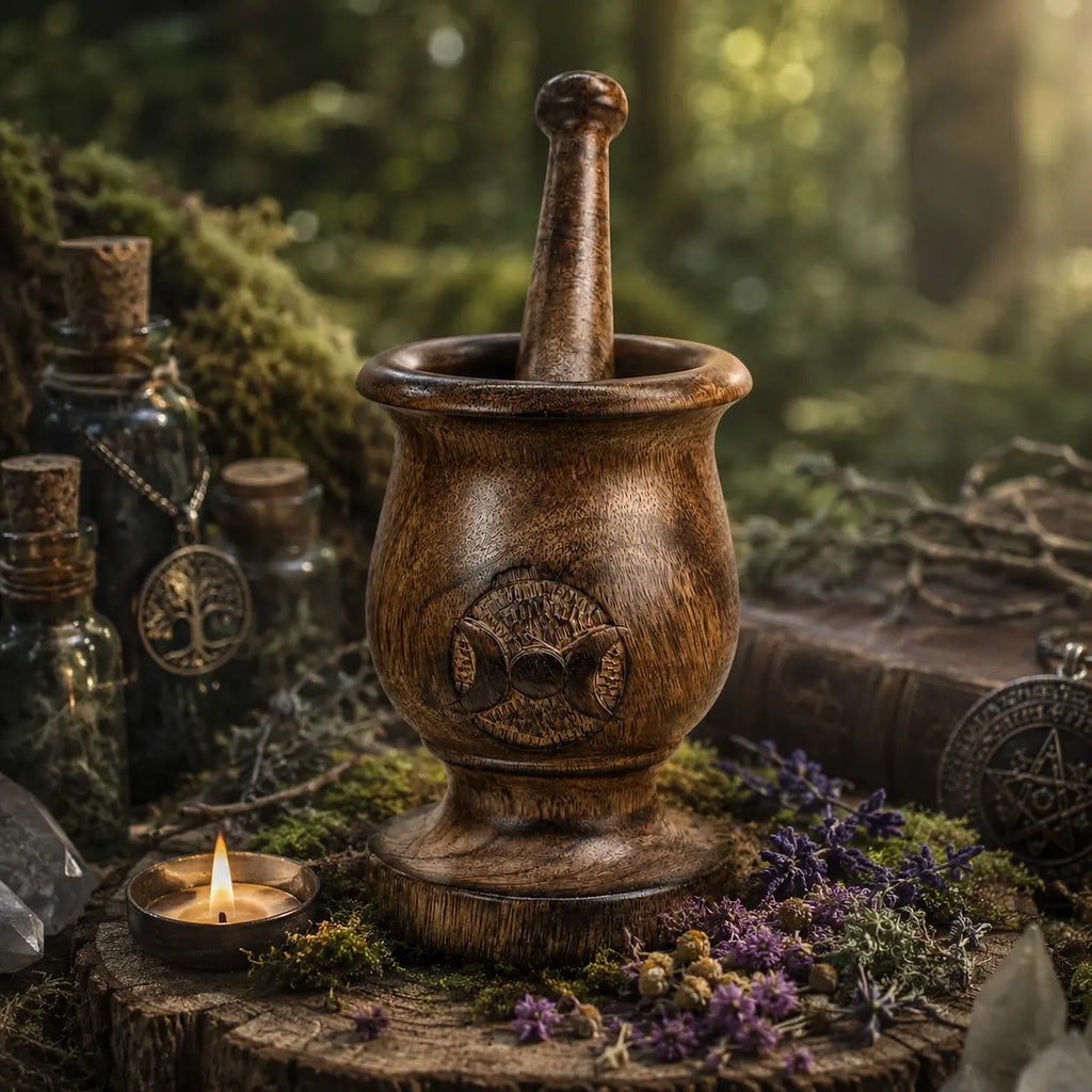 Mortier en Bois de manguier sculpté du symbole de la Triple Lune avec son pilon, posé sur un billot de bois forestier entouré de plantes magiques et d'une bougie.