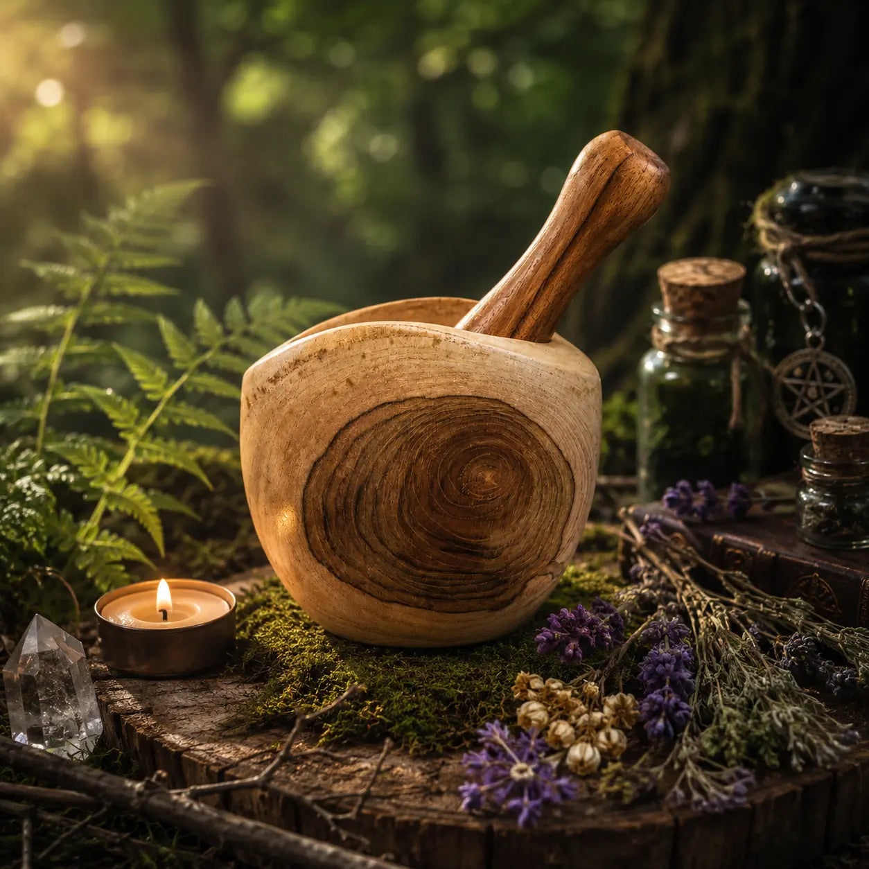 Mortier en Teck et Maillet - Moyen en bois brut veiné, posé sur un billot moussue en forêt mystique à côté de brins de lavande et d'un cristal de roche.