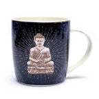 Tasse infuseur bouddha bleu en porcelaine fine bleu nuit décorée d'une figure de Bouddha méditant, de motifs de lotus et de fins éclats dorés.