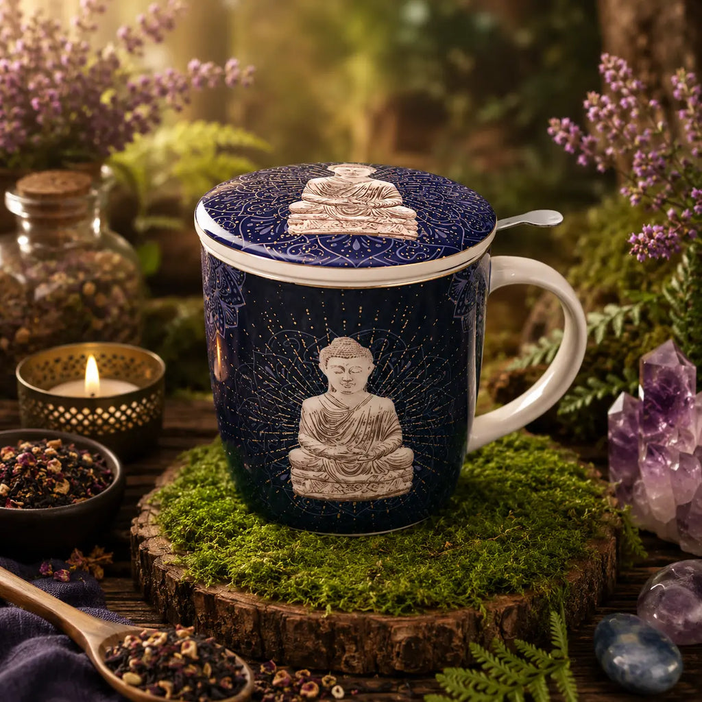 Mug Bouddha Bleu Nuit en porcelaine orné d'un Bouddha assis en méditation, surmonté de son couvercle assorti et posé sur un socle de mousse verte en forêt.