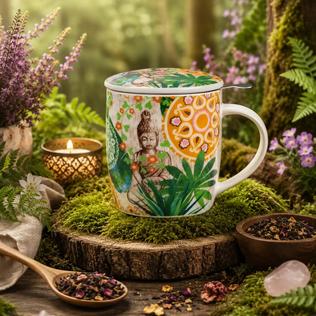 Mug Bouddha Nature Verte en porcelaine blanche illustré d'un Bouddha entouré de feuillages luxuriants et d'un mandala jaune orange, doté d'un couvercle assorti et posé en forêt.
