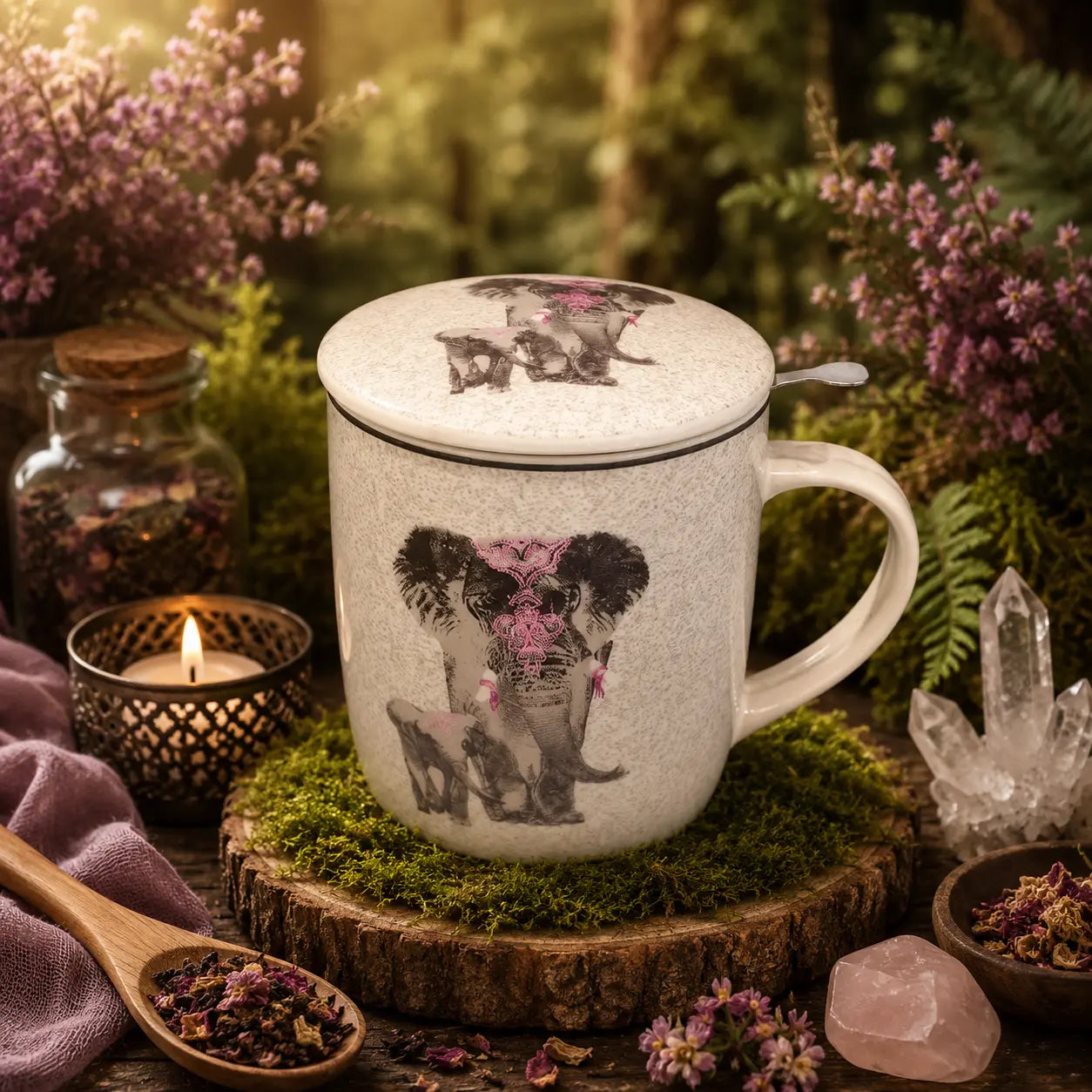 Mug Elephant Indien Rose orné d'un motif de pachyderme, muni de son couvercle assorti et posé sur une souche d'arbre au milieu de plantes, cristaux de quartz et fleurs de bruyère.