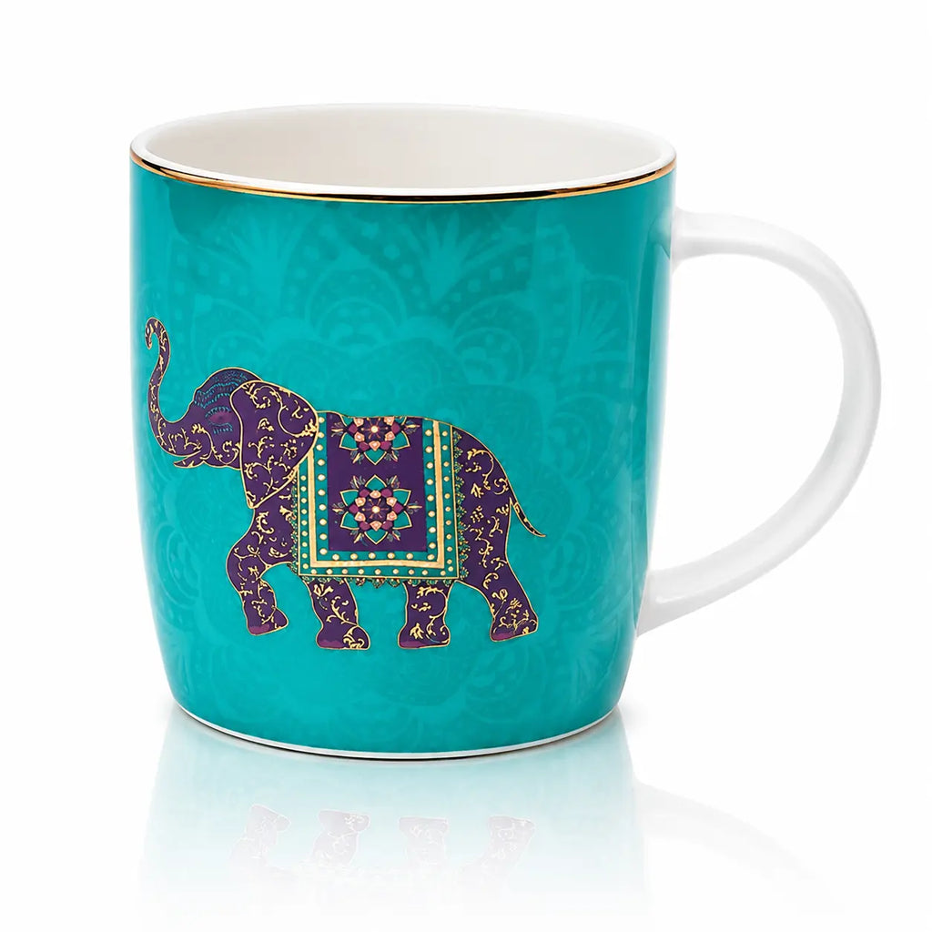 Tasse infuseur éléphant turquoise en porcelaine fine arborant un éléphant décoré violet et or, dotée d'une anse blanche et d'un liseré doré élégant.