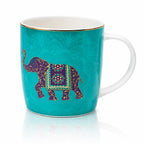 Tasse infuseur éléphant turquoise en porcelaine fine arborant un éléphant décoré violet et or, dotée d'une anse blanche et d'un liseré doré élégant.