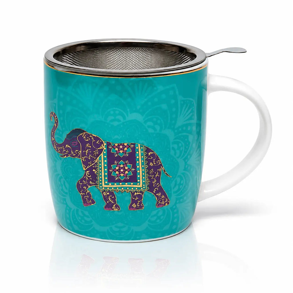 Tasse infuseur éléphant turquoise en porcelaine fine illustrée d'un éléphant décoratif violet et doré, équipée d'un grand filtre en acier inoxydable.
