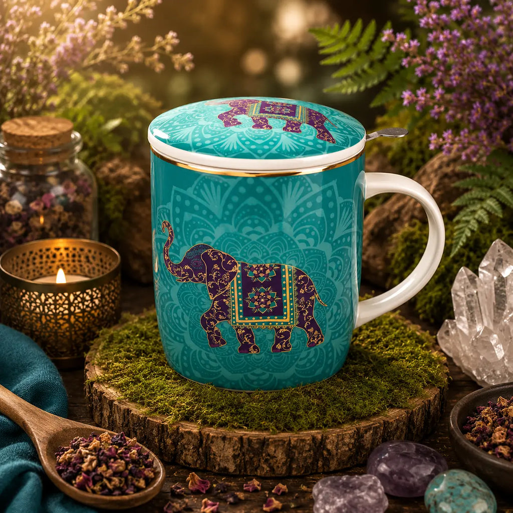 Mug Elephant Indien Turquoise en porcelaine fine orné d'un éléphant sacré majestueux, avec son couvercle assorti et posé sur un lit de mousse verte en forêt.