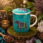 Mug Elephant Indien Turquoise en porcelaine fine orné d'un éléphant sacré majestueux, avec son couvercle assorti et posé sur un lit de mousse verte en forêt.