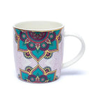 Tasse infuseur mandala turquoise doré en porcelaine blanche ornée de rosaces orientales colorées, finie par une anse arrondie et un liseré doré élégant.