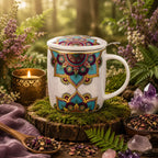 Mug Mandala Turquoise en porcelaine blanche orné de rosaces géométriques turquoise, jaunes et bordeaux, doté d'un couvercle et mis en scène dans un sous-bois mystique.