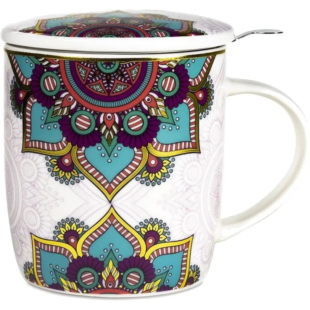 Tasse infuseur mandala turquoise doré en porcelaine blanche décorée de motifs géométriques vibrants turquoise, violets et dorés, avec son couvercle assorti.