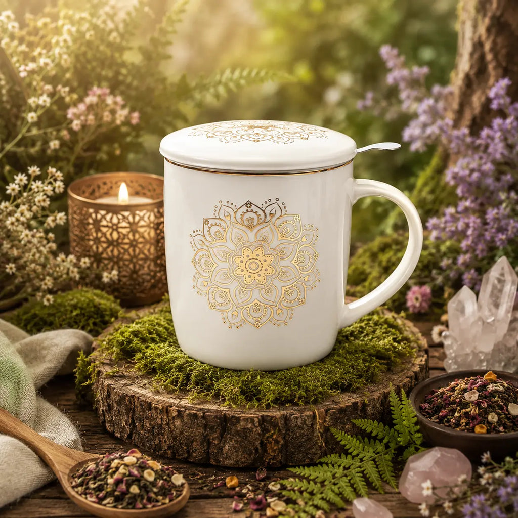 Mug Mandala Blanc en porcelaine fine orné d'une rosace de géométrie sacrée dorée brillante, doté d'un couvercle assorti et exposé sur une souche de bois entourée de quartz.