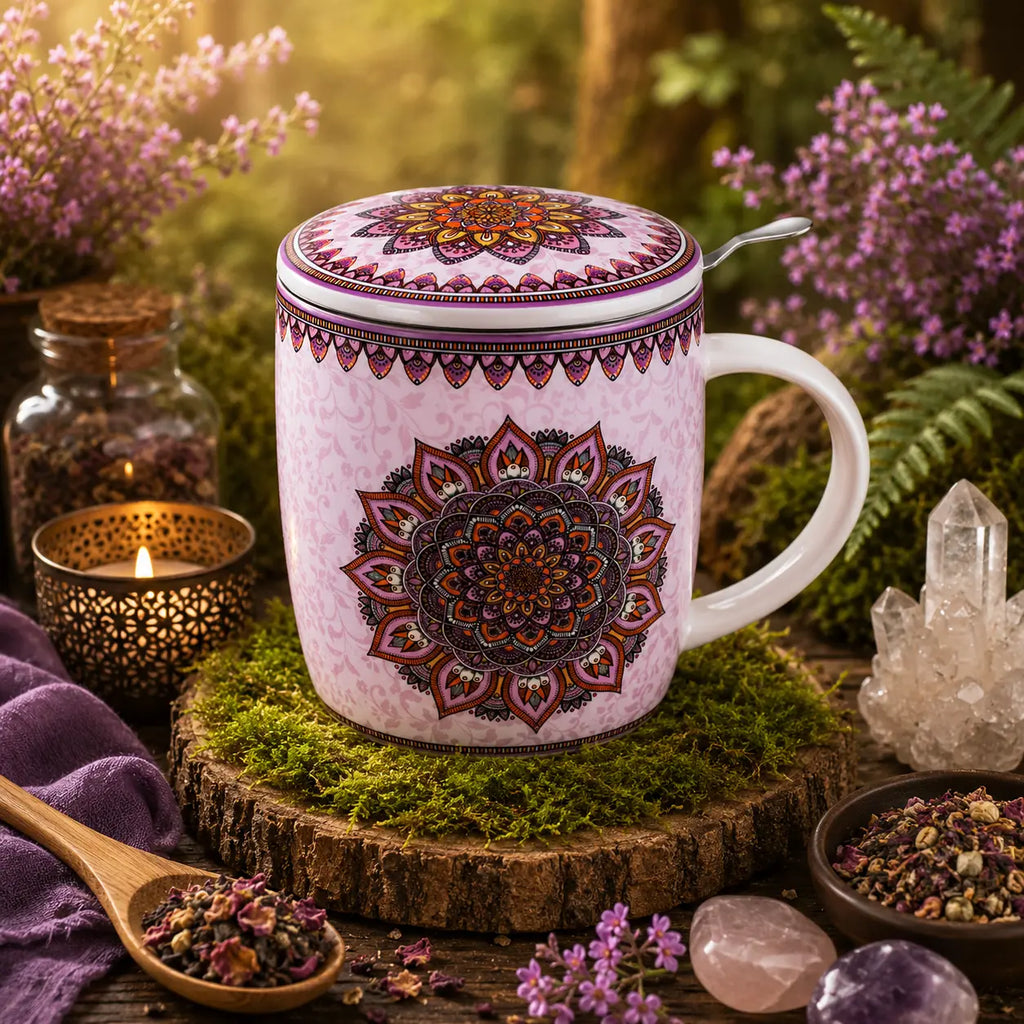 Mug infuseur violet à motif mandala posé sur un socle de mousse, entouré de fleurs, de tisane sèche et de cristaux.