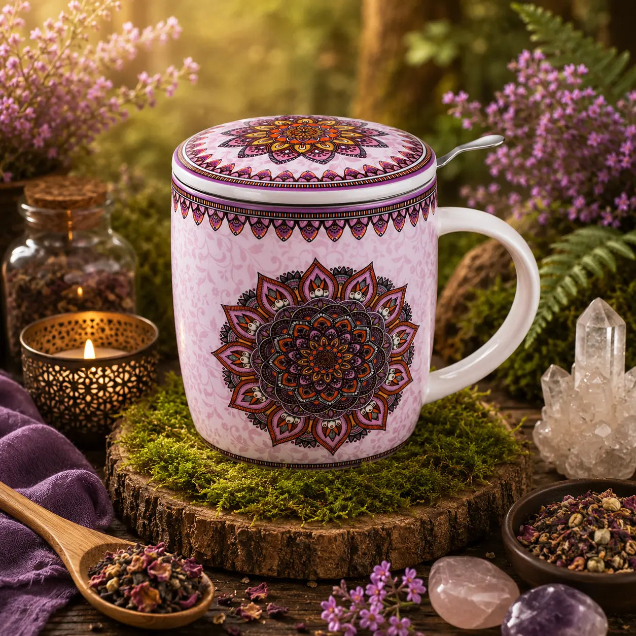 Mug infuseur violet à motif mandala posé sur un socle de mousse, entouré de fleurs, de tisane sèche et de cristaux.
