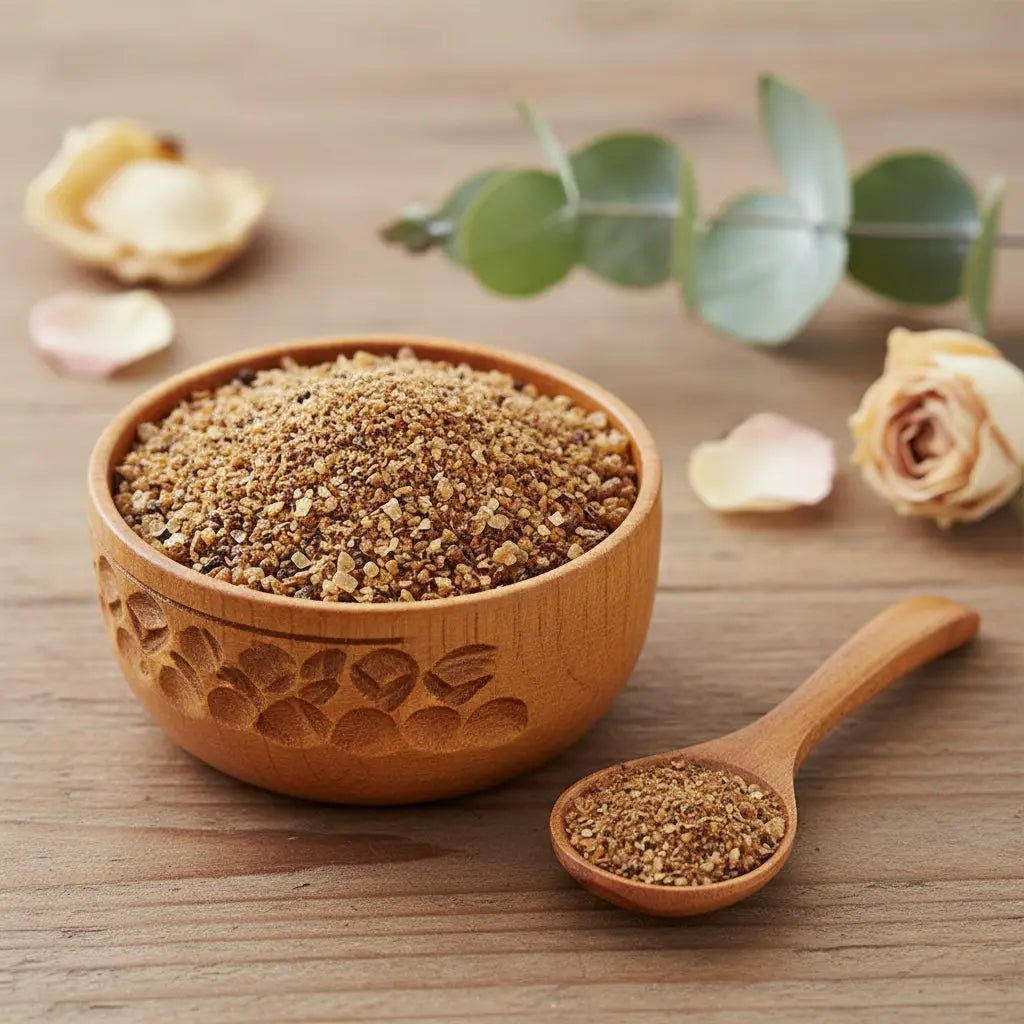 Encens de Myrrhe concassée (grains et poudre brun-beige) dans un petit bol en bois sculpté avec cuillère, sur une planche de bois claire.