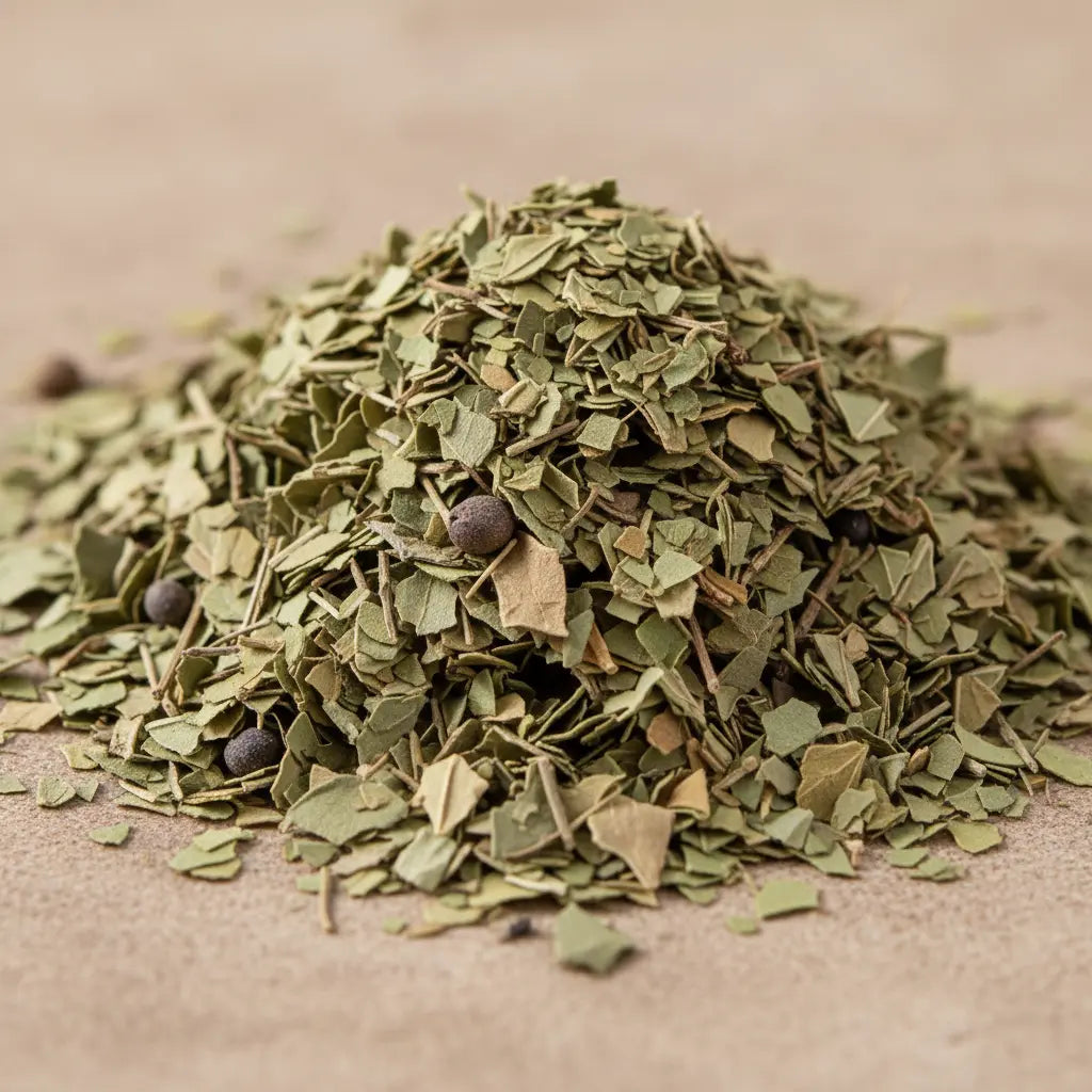 Gros plan sur des feuilles de myrthe séchées émiettées avec quelques baies, en petit tas sur fond neutre.