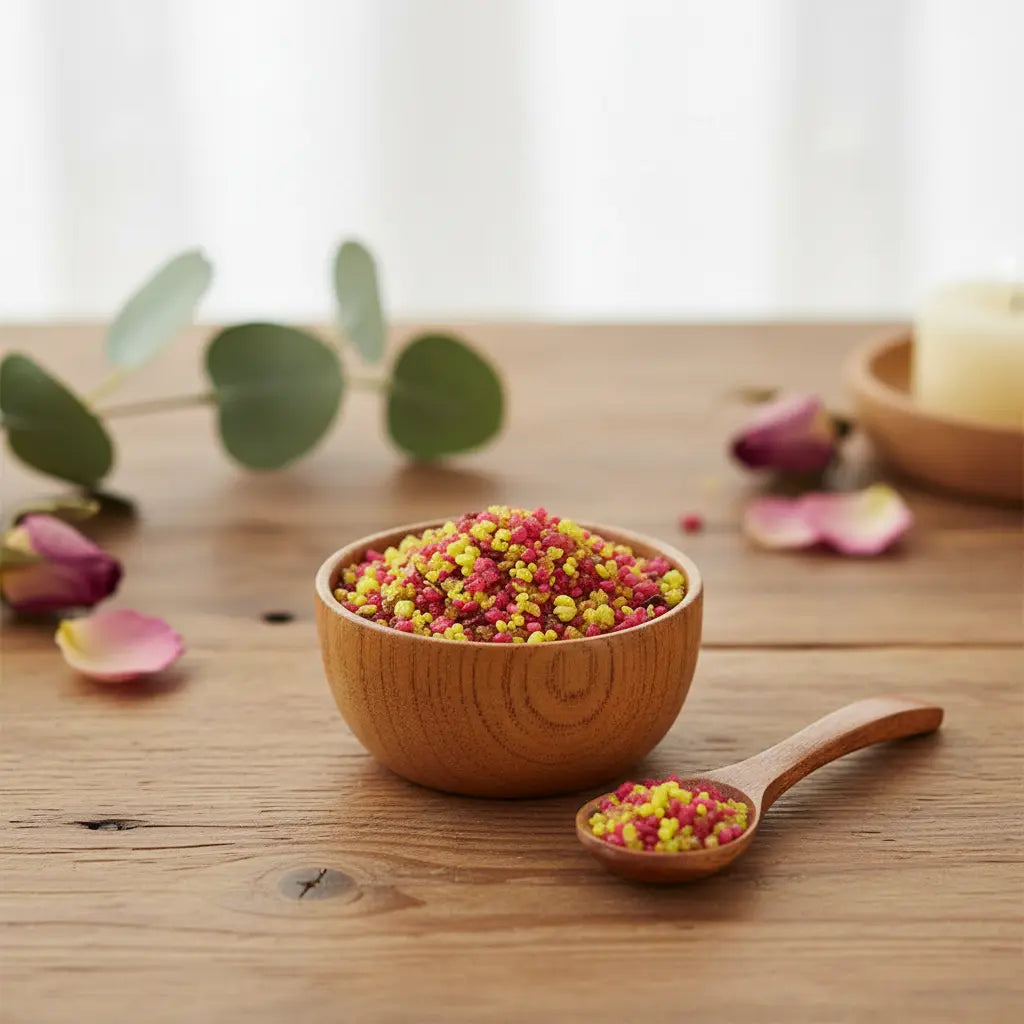 Grains d'encens de résine Nazareth (mélange de couleurs rose fuchsia et jaune-vert), dans un petit bol en bois clair avec cuillère, sur une planche de bois rustique.