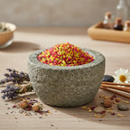 Grains d'encens de résine Nazareth (rose et jaune) dans un mortier en granit gris, entouré de brins de lavande, de roses séchées et de bâtons de cannelle.