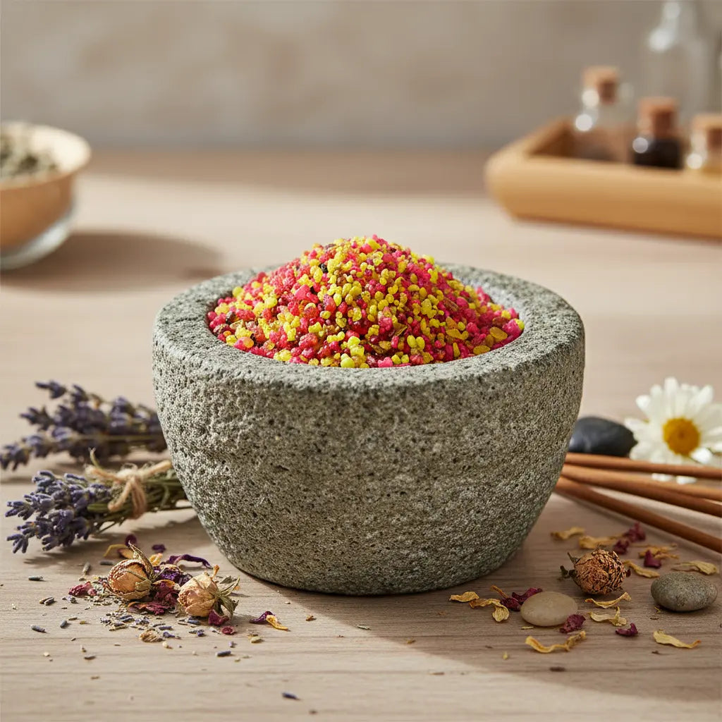 Grains d'encens de résine Nazareth (rose et jaune) dans un mortier en granit gris, entouré de brins de lavande, de roses séchées et de bâtons de cannelle.